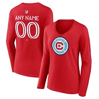 Women's Red Chicago Fire Authentic Stack Personalized Any Name & Number Long Sleeve V-Neck T-Shirt