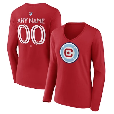 Women's Red Chicago Fire Authentic Stack Personalized Any Name & Number Long Sleeve V-Neck T-Shirt