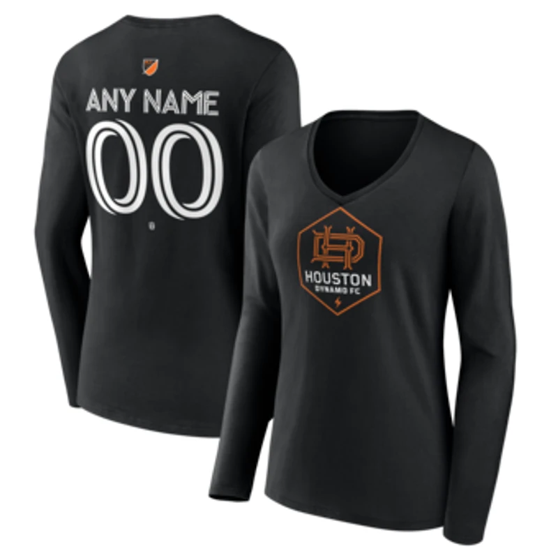 Women's Black Houston Dynamo FC Authentic Stack Personalized Any Name & Number Long Sleeve V-Neck T-Shirt