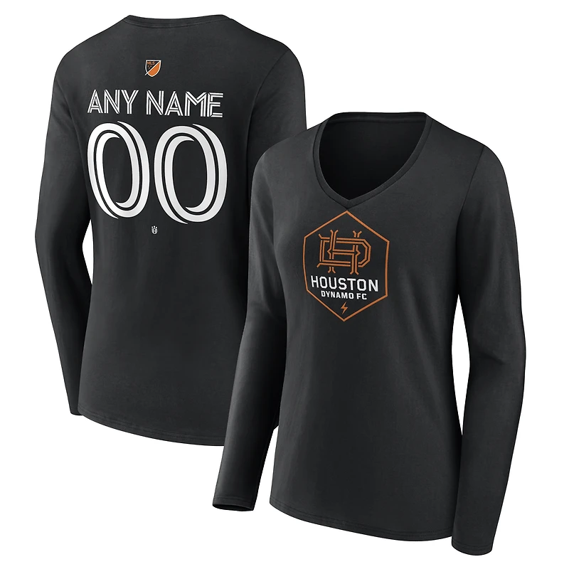 Women's Black Houston Dynamo FC Authentic Stack Personalized Any Name & Number Long Sleeve V-Neck T-Shirt