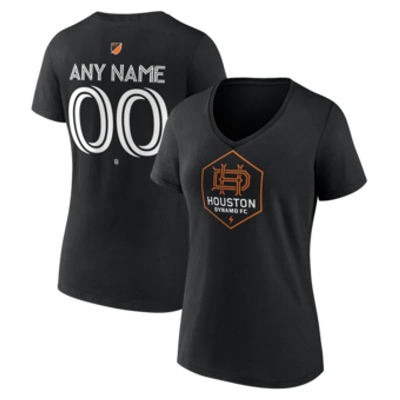 Women's Black Houston Dynamo FC Authentic Stack Personalized Any Name & Number V-Neck T-Shirt