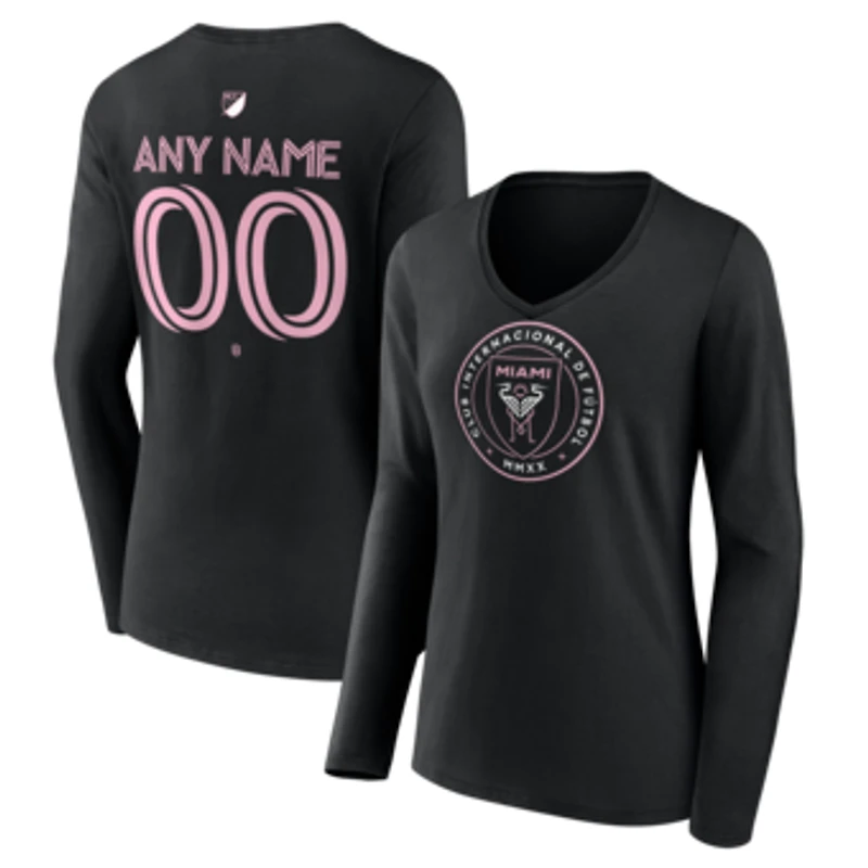 Women's Black Inter Miami CF Authentic Stack Personalized Any Name & Number Long Sleeve V-Neck T-Shirt
