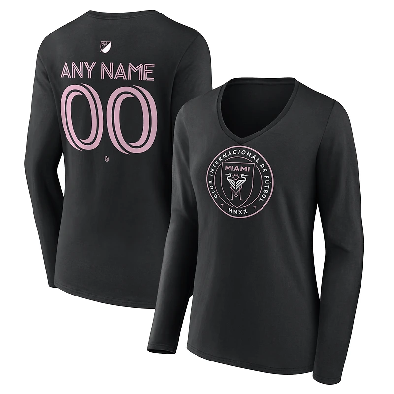 Women's Black Inter Miami CF Authentic Stack Personalized Any Name & Number Long Sleeve V-Neck T-Shirt