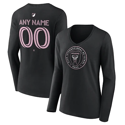 Women's Black Inter Miami CF Authentic Stack Personalized Any Name & Number Long Sleeve V-Neck T-Shirt