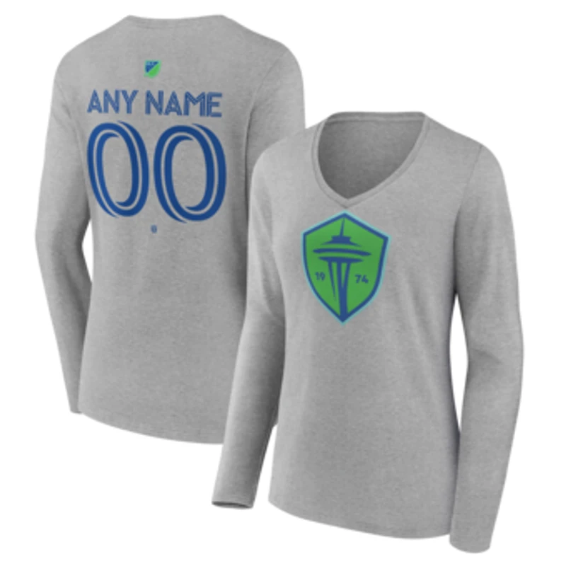 Women's Gray Seattle Sounders FC Authentic Stack Personalized Any Name & Number Long Sleeve V-Neck T-Shirt