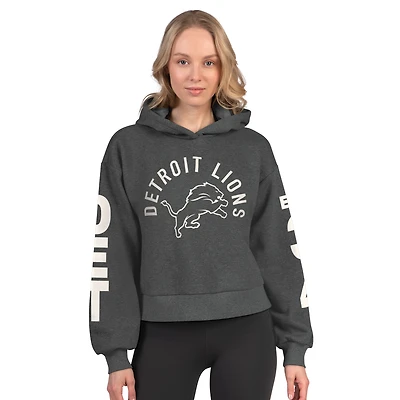 Women's Starter  Heather Charcoal Detroit Lions Star Player Cropped Fleece Pullover Hoodie