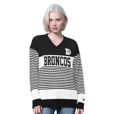 Women's Starter Black Denver Broncos No Huddle Striped V-Neck Sweater