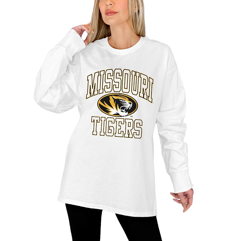 Women's Gameday Couture White Missouri Tigers Mind Games Oversized Long Sleeve T-Shirt