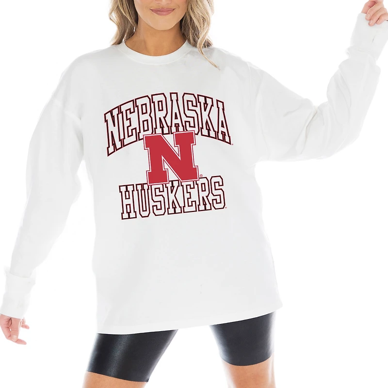 Women's Gameday Couture White Nebraska Huskers Mind Games Oversized Long Sleeve T-Shirt