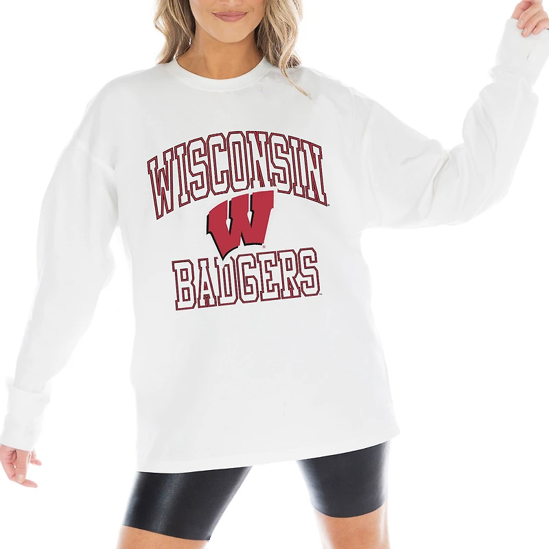Women's Gameday Couture White Wisconsin Badgers Mind Games Oversized Long Sleeve T-Shirt