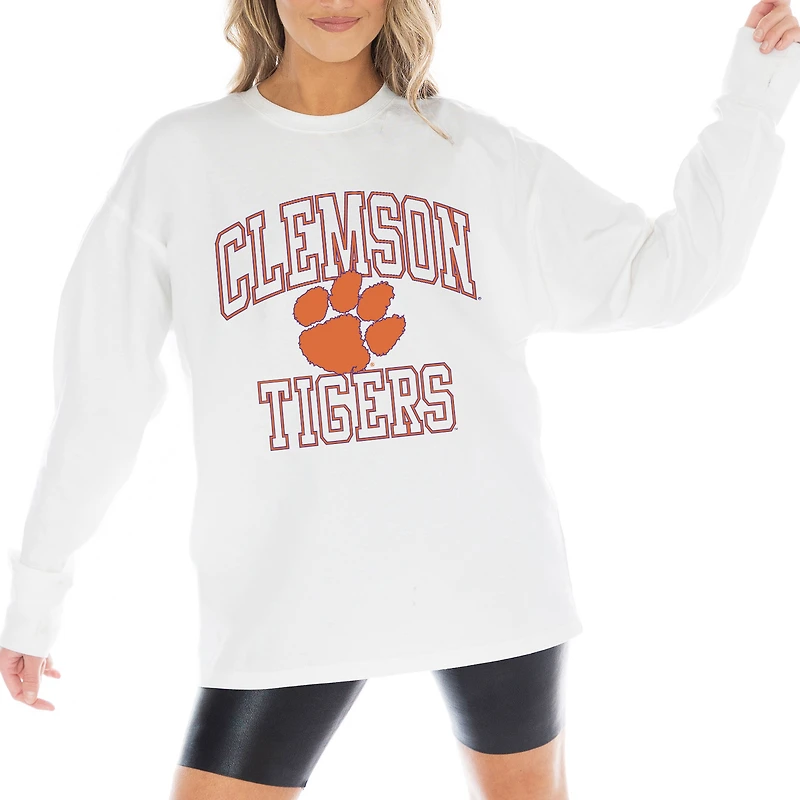 Women's Gameday Couture White Clemson Tigers Mind Games Oversized Long Sleeve T-Shirt