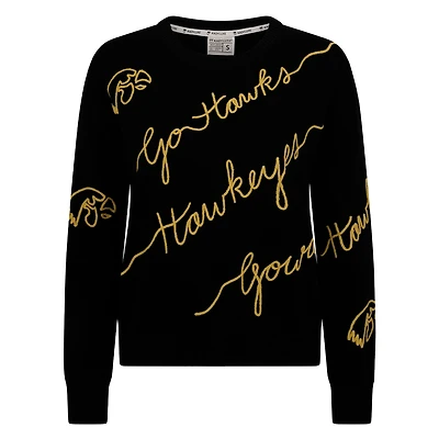 Women's Black Iowa Hawkeyes Love Note Embroidered Pullover Sweater
