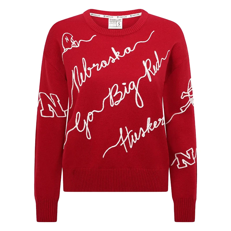 Women's Scarlet Nebraska Huskers Love Note Embroidered Pullover Sweater
