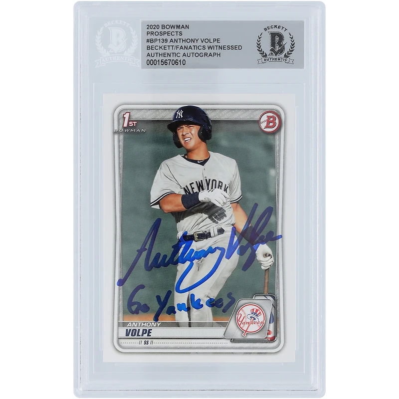 Anthony Volpe New York Yankees Autographed 2020 Bowman Prospects 1st Bowman #BP-139 Beckett Fanatics Witnessed Authenticated Card with "Go Yankees" Inscription