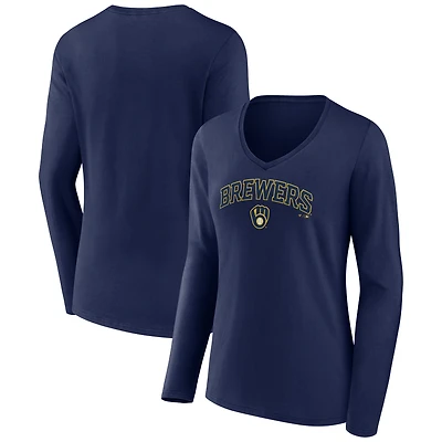 Women's Navy Milwaukee Brewers Logo Long Sleeve V-Neck T-Shirt