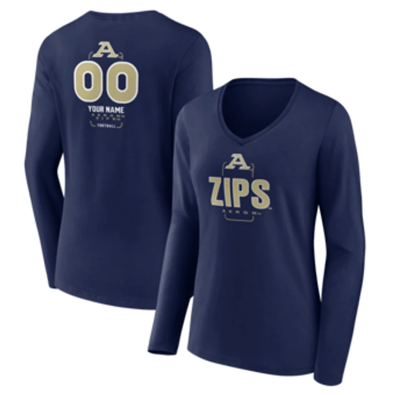 Women's Navy Akron Zips Personalized Name & Number Midfielder Long Sleeve V-Neck T-Shirt