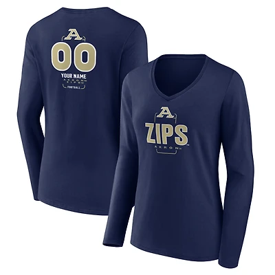 Women's Navy Akron Zips Personalized Name & Number Midfielder Long Sleeve V-Neck T-Shirt