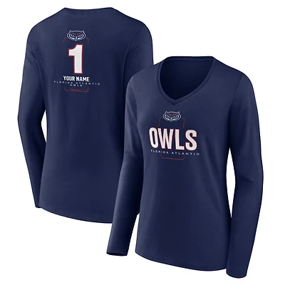 Women's Navy Florida Atlantic Owls Personalized Any Name Midfielder Long Sleeve V-Neck T-Shirt