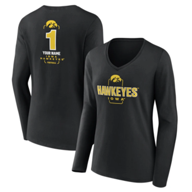 Women's Black Iowa Hawkeyes Personalized Any Name Midfielder Long Sleeve V-Neck T-Shirt