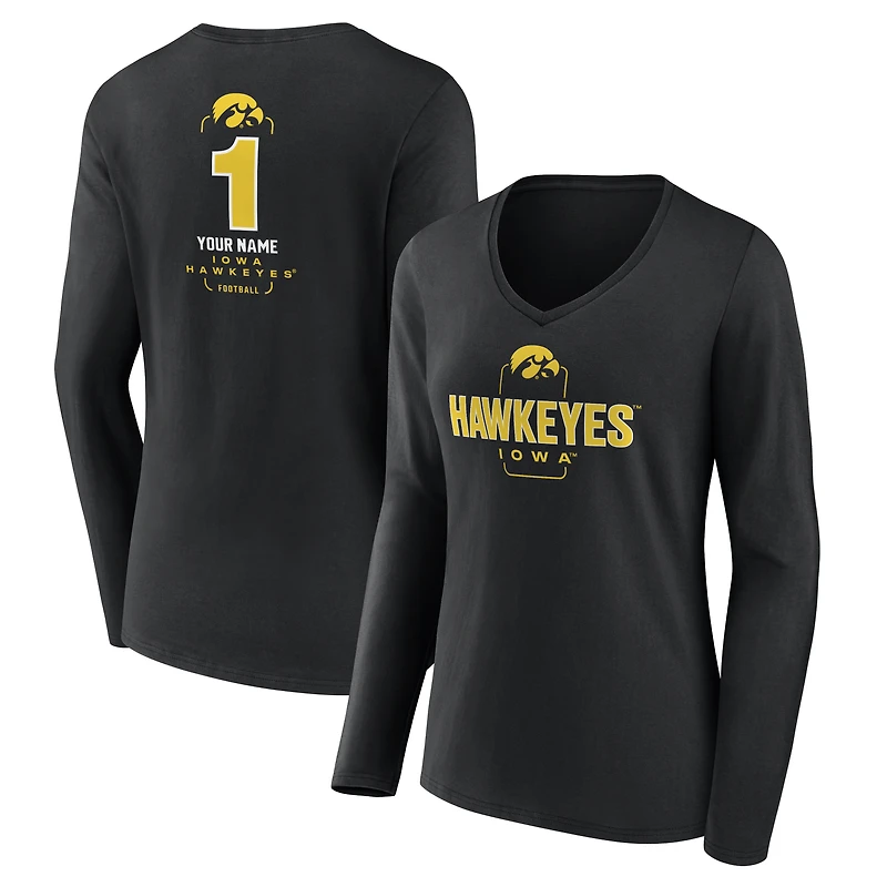 Women's Black Iowa Hawkeyes Personalized Any Name Midfielder Long Sleeve V-Neck T-Shirt