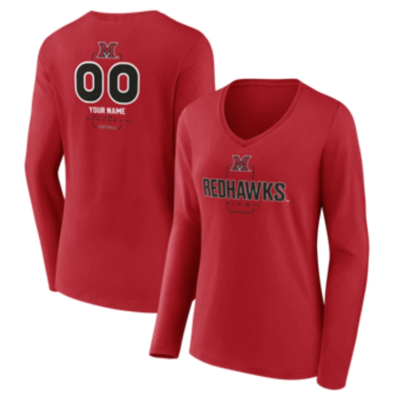 Women's Red Miami University RedHawks Personalized Name & Number Midfielder Long Sleeve V-Neck T-Shirt