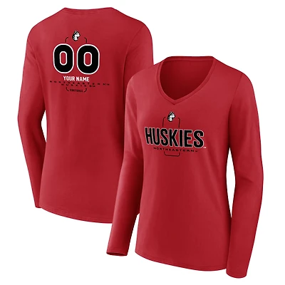 Women's Red Northeastern Huskies Personalized Name & Number Midfielder Long Sleeve V-Neck T-Shirt