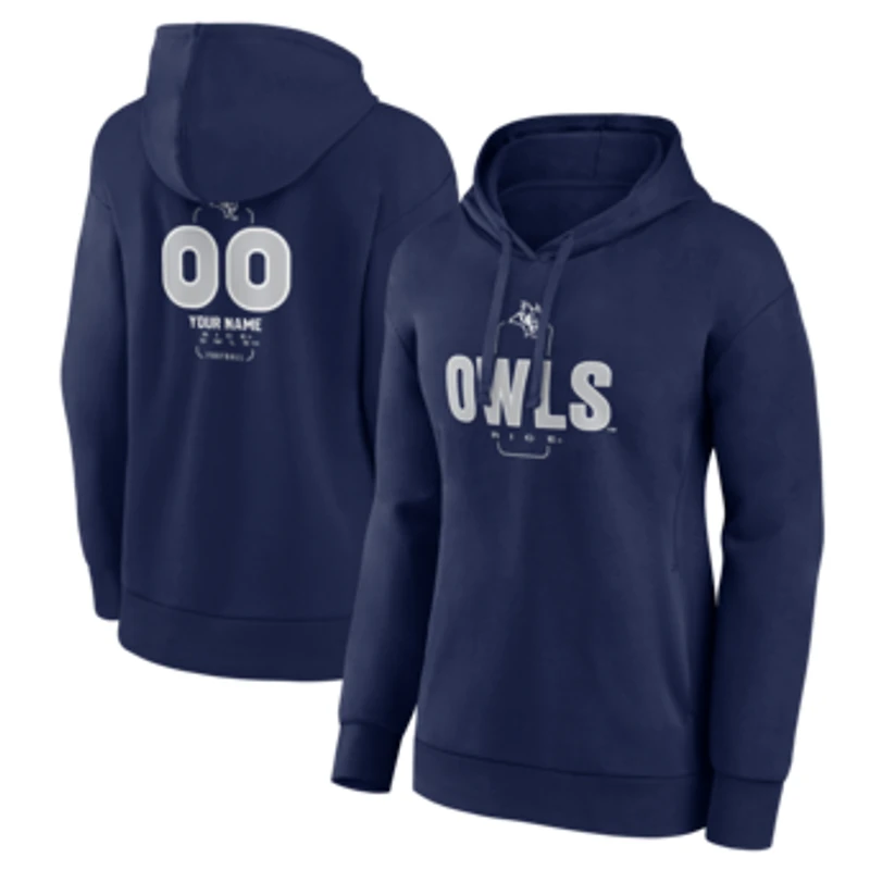 Women's Navy Rice Owls Personalized Name & Number Midfielder Pullover Hoodie