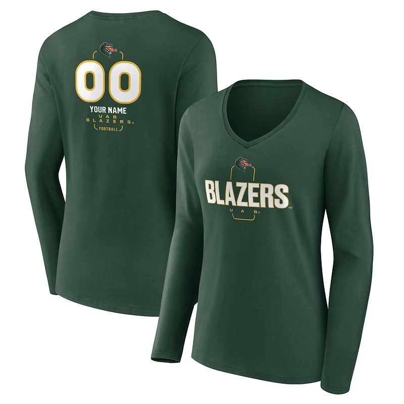Women's Green UAB Blazers Personalized Name & Number Midfielder Long Sleeve V-Neck T-Shirt