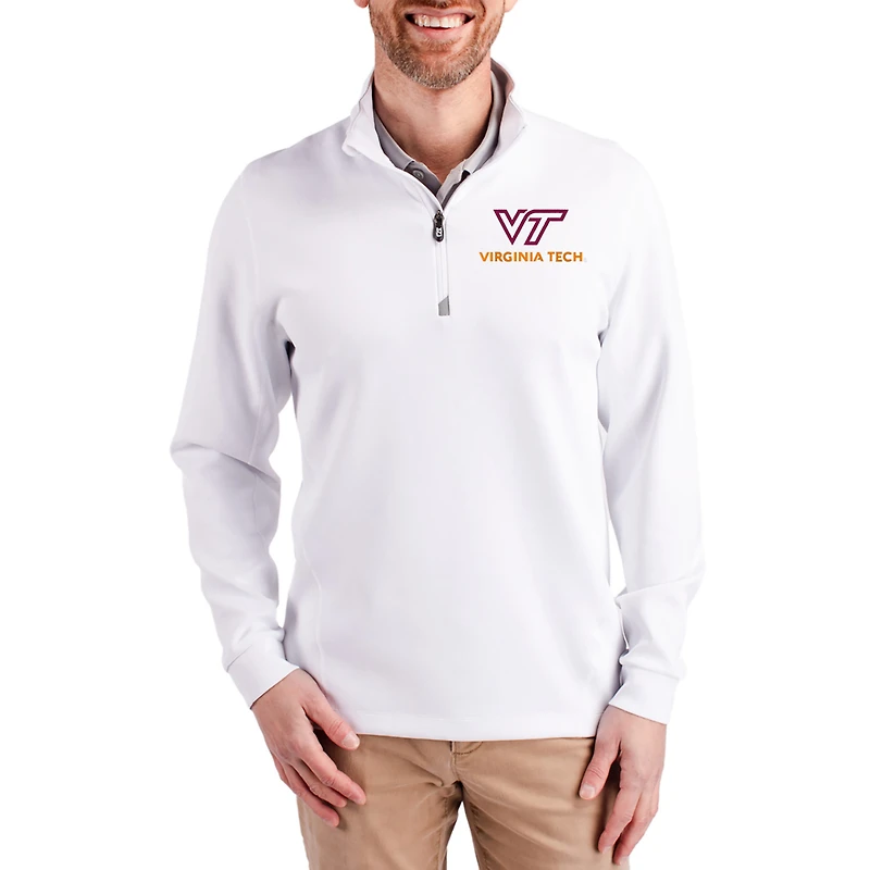 Men's Cutter & Buck  White Virginia Tech Hokies DryTec Traverse Stretch Eco Tri-Blend Quarter-Zip Pullover