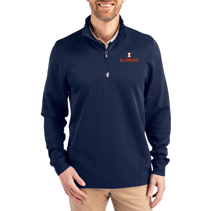 Men's Cutter & Buck  Navy Illinois Fighting Illini DryTec Traverse Stretch Eco Tri-Blend Quarter-Zip Pullover
