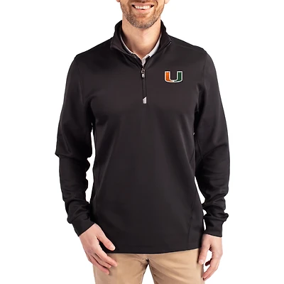 Men's Cutter & Buck  Black Miami Hurricanes DryTec Traverse Stretch Eco Tri-Blend Quarter-Zip Pullover