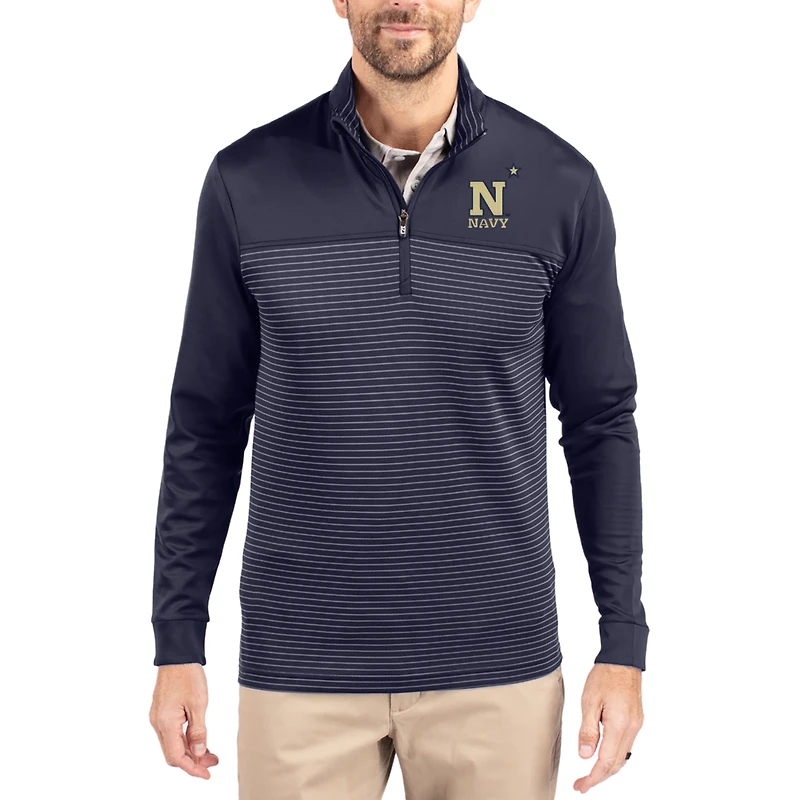 Men's Cutter & Buck Navy Navy Midshipmen Traverse Stretch Eco Stripe DryTec Tri-Blend Quarter-Zip Pullover