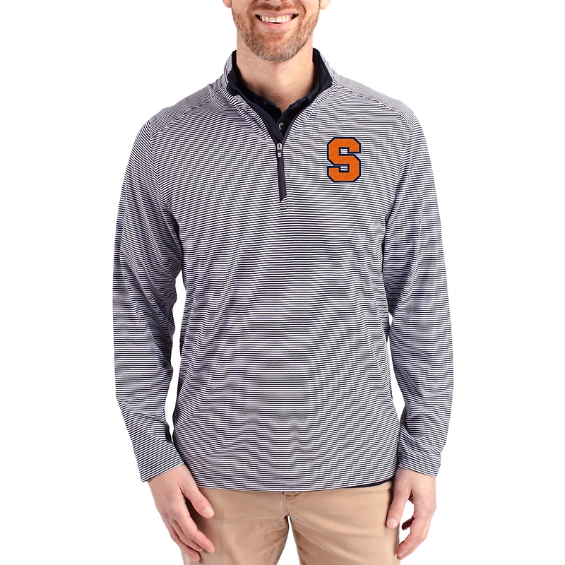 Men's Cutter & Buck  Navy Syracuse Orange Virtue Micro Stripe DryTec Quarter-Zip Pullover