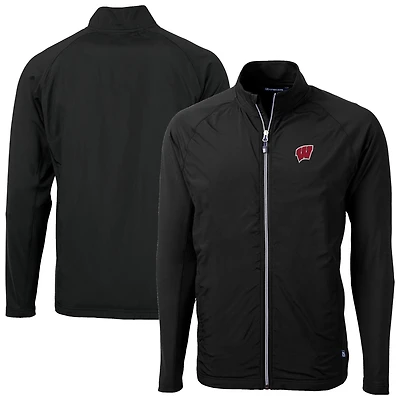 Men's Cutter & Buck  Black Wisconsin Badgers Adapt Eco Knit Hybrid Recycled Full-Zip Jacket