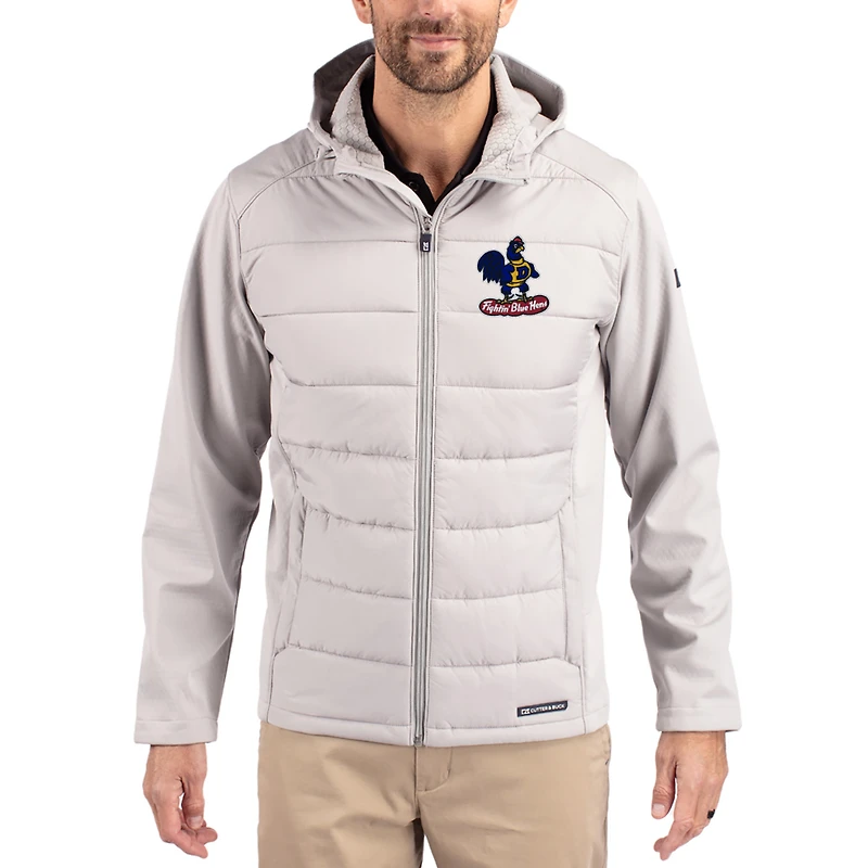 Men's Cutter & Buck Blue Delaware Fightin' Hens Evoke Hybrid Eco Softshell Recycled Full Zip Hooded Jacket