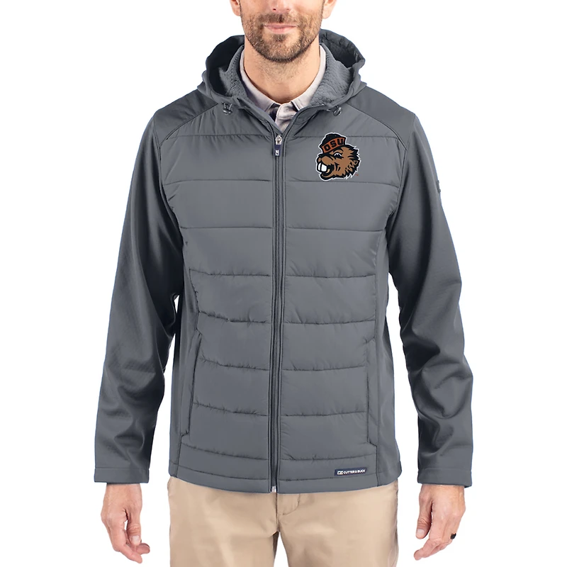 Men's Cutter & Buck Gray Oregon State Beavers Evoke Hybrid Eco Softshell Recycled Full Zip Hooded Jacket