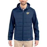 Men's Cutter & Buck Navy West Virginia Mountaineers Evoke Hybrid Eco Softshell Recycled Full Zip Hooded Jacket