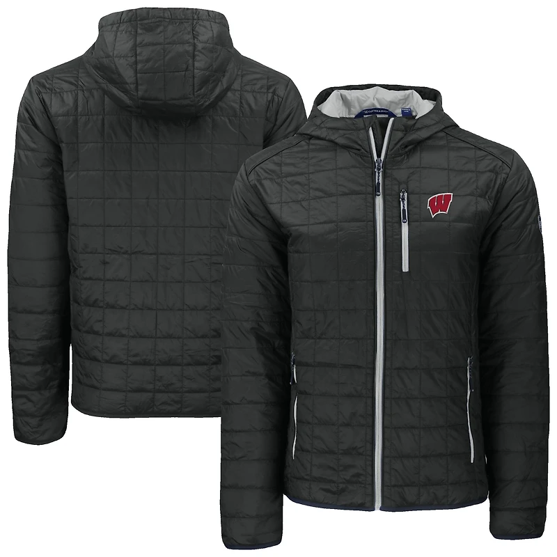 Men's Cutter & Buck  Black Wisconsin Badgers Rainier Eco PrimaLoft Hooded Full-Zip Jacket
