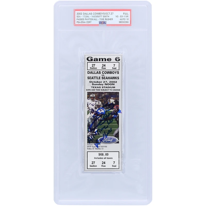 Emmitt Smith Dallas Cowboys Autographed Passes Walter Payton to become the NFL's all-time leading rusher PSA Authenticated 4/10 Ticket from October 27, 2002 with "All-Time Leading Rusher" Inscription