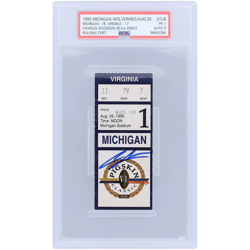 Charles Woodson Michigan Wolverines Autographed NCAA Debut PSA Authenticated 1/9 Ticket from August 26, 1995