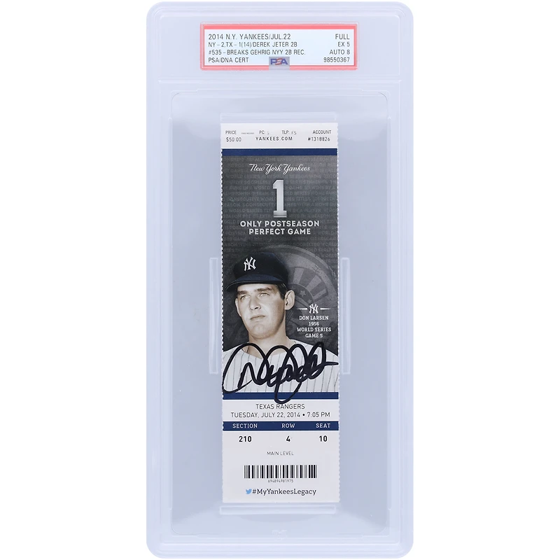 Derek Jeter New York Yankees Autographed 535th Career Double, Passing Lou Gehrig PSA Authenticated /8 Ticket from July 22