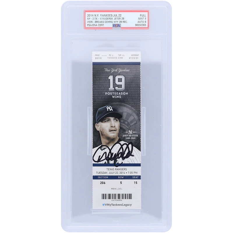 Derek Jeter New York Yankees Autographed 535th Career Double, Passing Lou Gehrig PSA Authenticated 9/8 Ticket from July 22