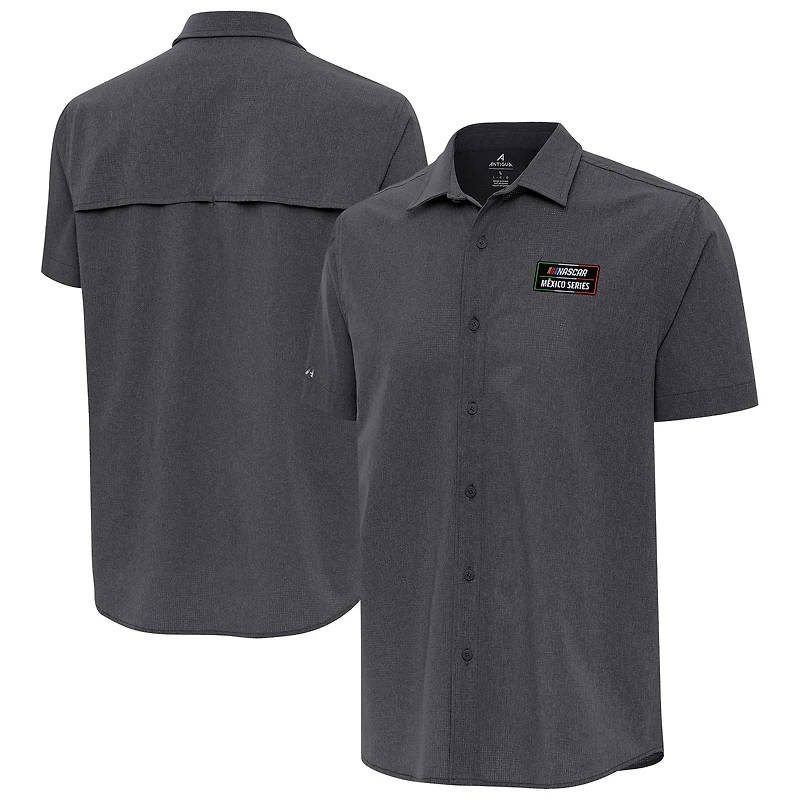 Men's Antigua Black NASCAR Mexico Series Race Activate Button-Up Short Sleeve Shirt