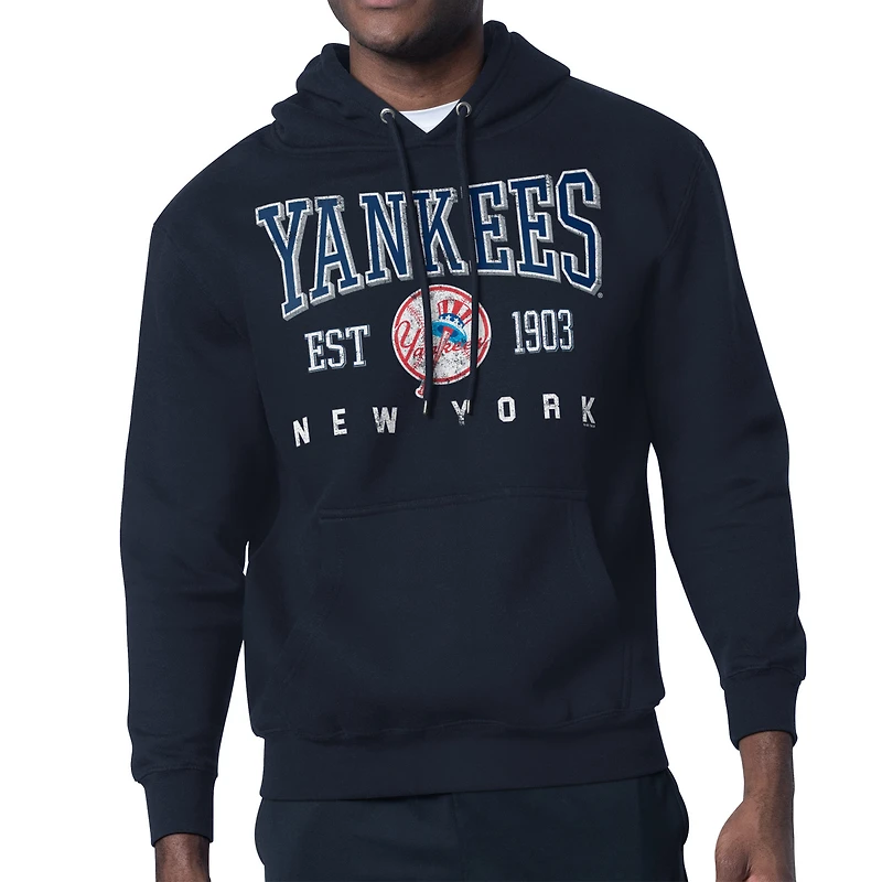 Men's Starter  Navy New York Yankees Distressed Fleece Pullover Hoodie