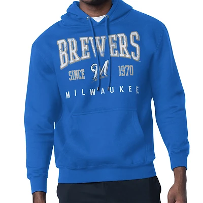 Men's Starter  Royal Milwaukee Brewers Distressed Fleece Pullover Hoodie