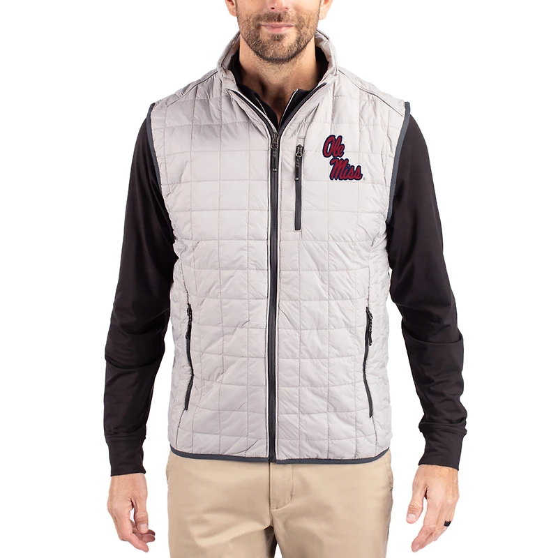 Men's Cutter & Buck  Gray Ole Miss Rebels Rainier Eco Insulated PrimaLoft Full-Zip Puffer Vest