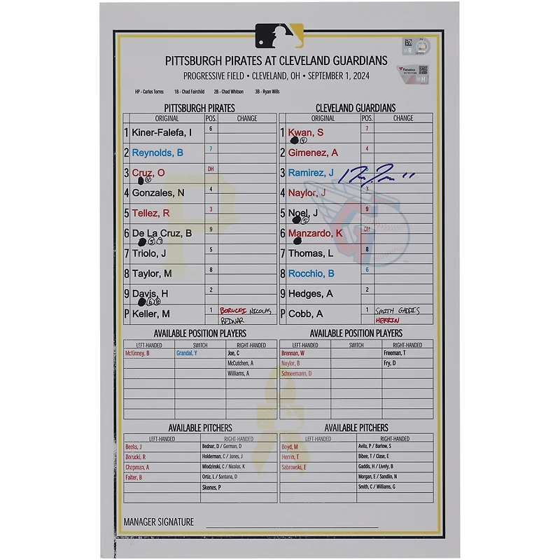 Jose Ramirez Cleveland Guardians Autographed Game-Used Lineup Card vs. Pittsburgh Pirates on September 1, 2024