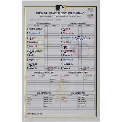 Jose Ramirez Cleveland Guardians Autographed Game-Used Lineup Card vs. Pittsburgh Pirates on September 1, 2024