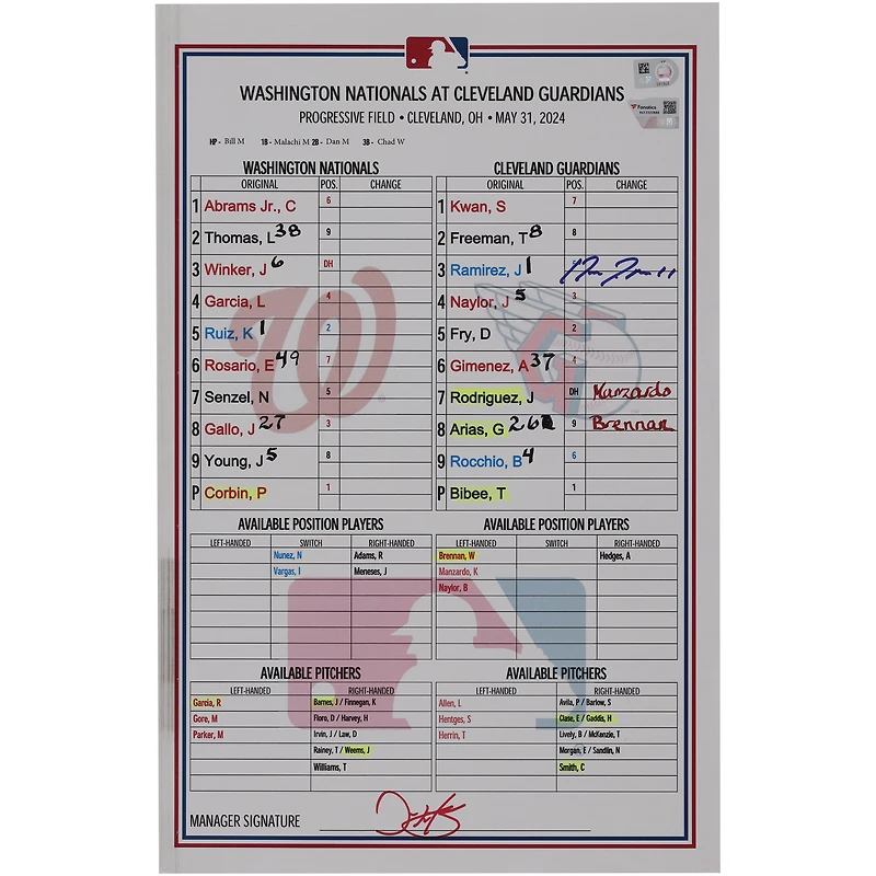 Jose Ramirez Cleveland Guardians Autographed Game-Used Lineup Card vs. Washington Nationals on May 31, 2024