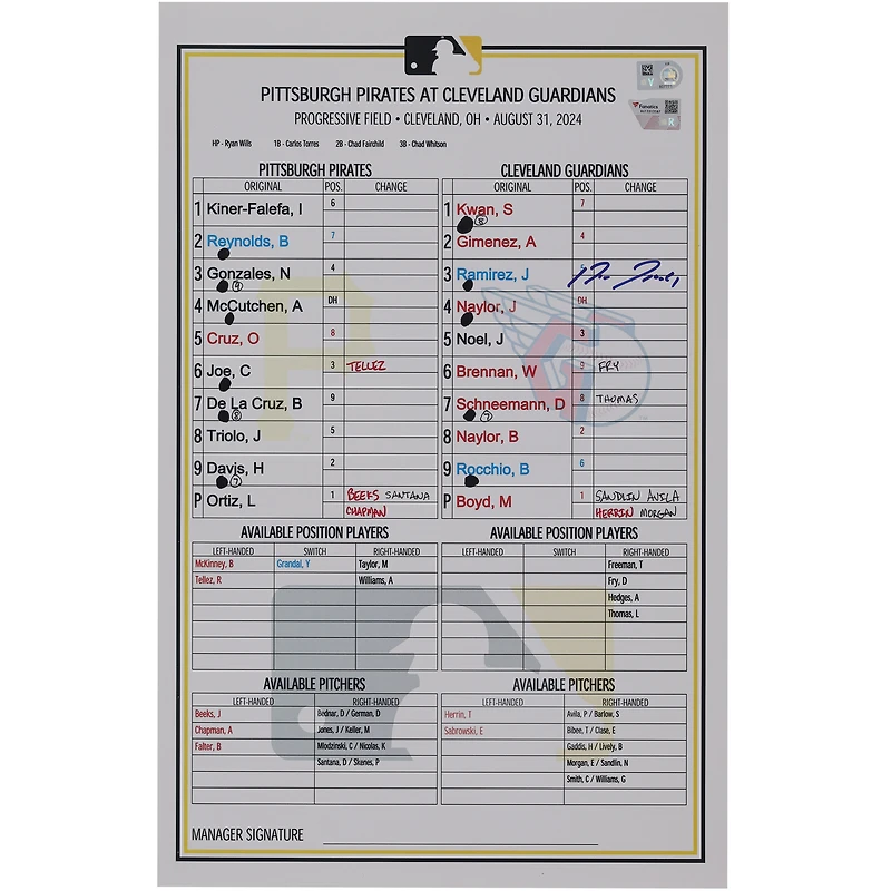 Jose Ramirez Cleveland Guardians Autographed Game-Used Lineup Card vs. Pittsburgh Pirates on August 31, 2024